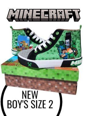 NEW Minecraft High Top Lace-up Sneakers Shoes Boy's Size 2 Creeper Edmerman  Gre